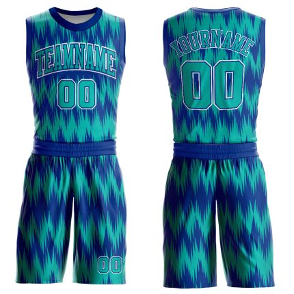 Personalized Royal Aqua-White Round Neck Sublimation Basketball Suit Jersey Team Custom Name and Number