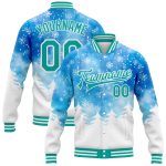 Personalized Royal Aqua-White Watercolor Forest Winter Snow Landscape 3D Pattern Design Bomber Full-Snap Varsity Letterman Jacket Team Custom Name and Number