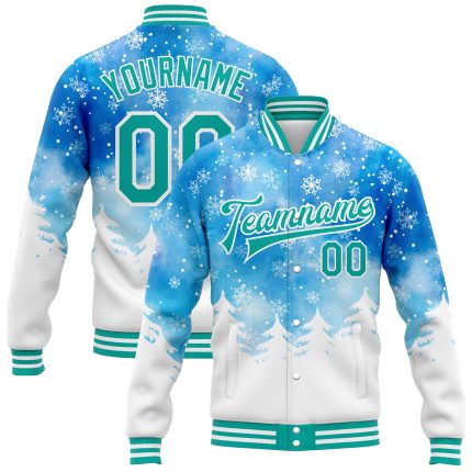 Personalized Royal Aqua-White Watercolor Forest Winter Snow Landscape 3D Pattern Design Bomber Full-Snap Varsity Letterman Jacket Team Custom Name and Number