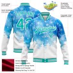 Personalized Royal Aqua-White Watercolor Forest Winter Snow Landscape 3D Pattern Design Bomber Full-Snap Varsity Letterman Jacket Team Custom Name and Number