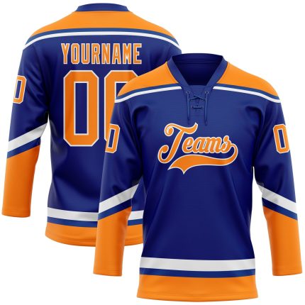 Personalized Royal Bay Orange-White Hockey Lace Neck Jersey Team Custom Name and Number