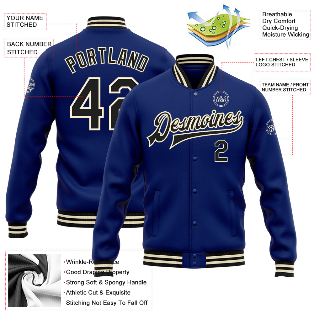 Personalized Royal Black-Cream Bomber Full-Snap Varsity Letterman Jacket Team Custom Name and Number Personalized Royal Black-Cream Bomber Full-Snap Varsity Letterman Jacket Team Custom Name and Number - Image 3