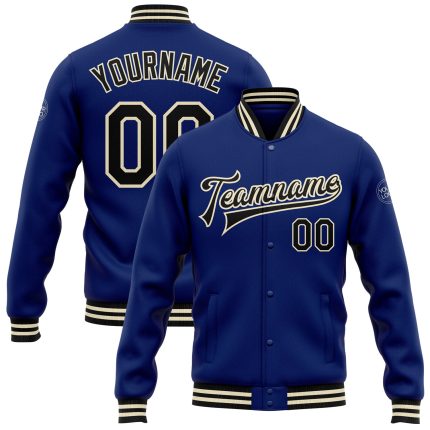 Personalized Royal Black-Cream Bomber Full-Snap Varsity Letterman Jacket Team Custom Name and Number