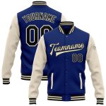 Personalized Royal Black-Cream Bomber Full-Snap Varsity Letterman Two Tone Jacket Team Custom Name and Number