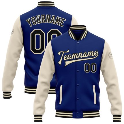 Personalized Royal Black-Cream Bomber Full-Snap Varsity Letterman Two Tone Jacket Team Custom Name and Number