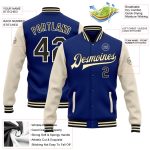 Personalized Royal Black-Cream Bomber Full-Snap Varsity Letterman Two Tone Jacket Team Custom Name and Number