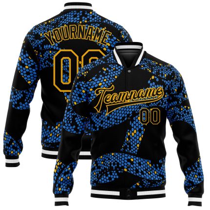 Personalized Royal Black-Gold 3D Pattern Design Bomber Full-Snap Varsity Letterman Jacket Team Custom Name and Number