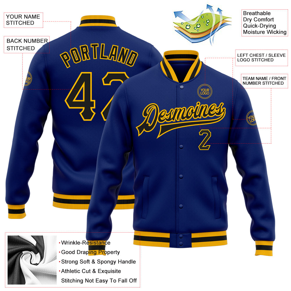 Personalized Royal Black-Gold Bomber Full-Snap Varsity Letterman Jacket Team Custom Name and Number Personalized Royal Black-Gold Bomber Full-Snap Varsity Letterman Jacket Team Custom Name and Number - Image 3