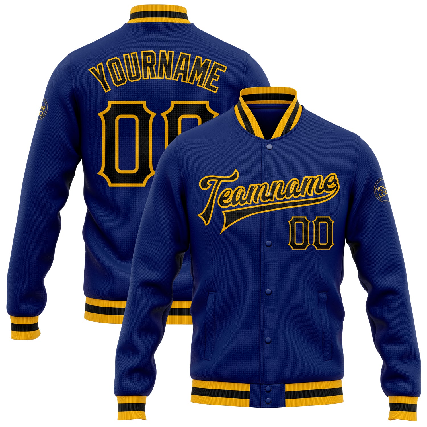 Personalized Royal Black-Gold Bomber Full-Snap Varsity Letterman Jacket Team Custom Name and Number