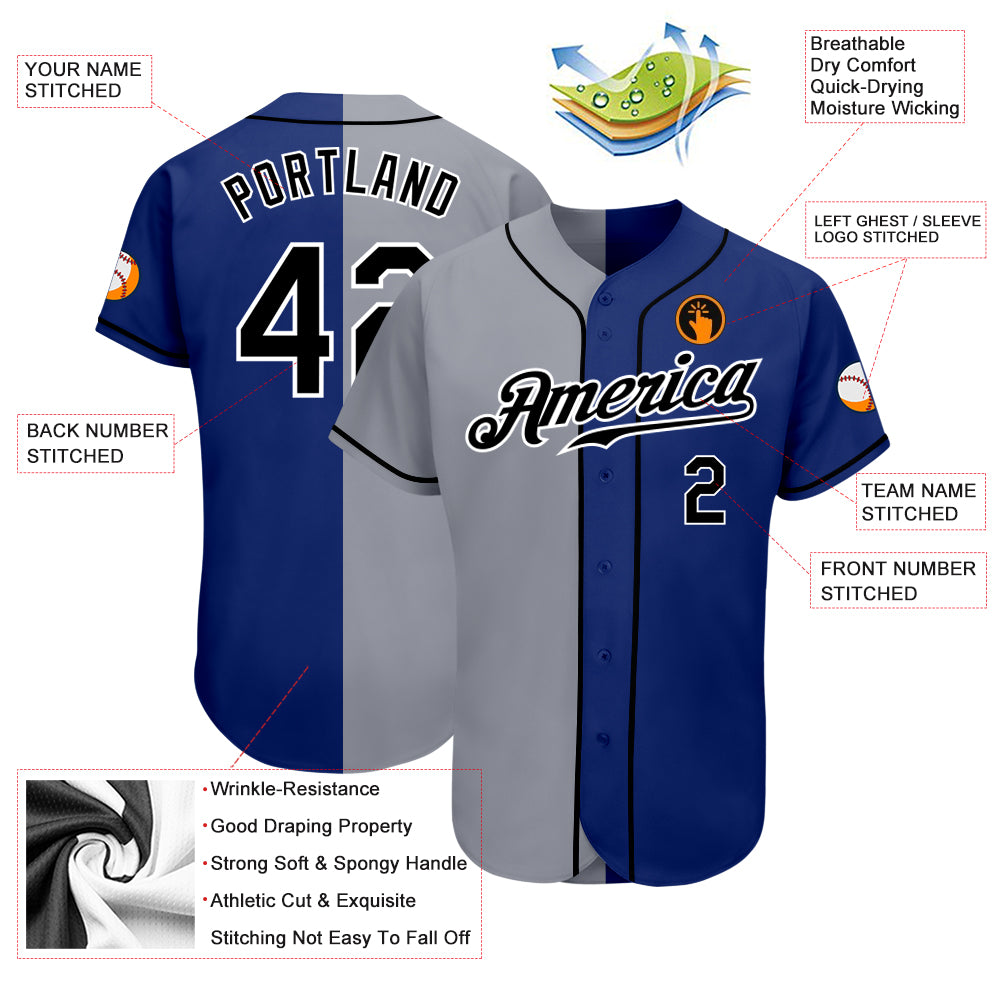 Personalized Royal Black-Gray Authentic Split Fashion Baseball Jersey Team Custom Name and Number Personalized Royal Black-Gray Authentic Split Fashion Baseball Jersey Team Custom Name and Number - Image 3