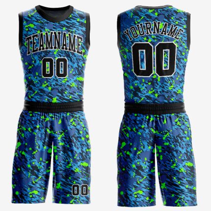 Personalized Royal Black-Neon Green Music Festival Round Neck Sublimation Basketball Suit Jersey Team Custom Name and Number