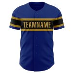 Custom royal, black and old gold baseball jersey, back view