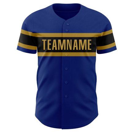 Custom royal, black and old gold baseball jersey, back view
