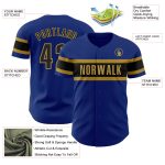 Custom royal, black and old gold baseball jersey, detail of the printed panel