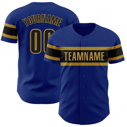 Custom royal, black and old gold baseball jersey