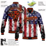 Personalized Royal Black Orange-Red American Flag With Head Of Bull 3D Pattern Design Bomber Full-Snap Varsity Letterman Jacket Team Custom Name and Number