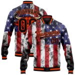 Personalized Royal Black Orange-Red American Flag With Head Of Bull 3D Pattern Design Bomber Full-Snap Varsity Letterman Jacket Team Custom Name and Number