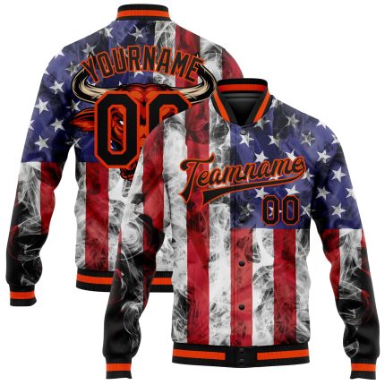 Personalized Royal Black Orange-Red American Flag With Head Of Bull 3D Pattern Design Bomber Full-Snap Varsity Letterman Jacket Team Custom Name and Number