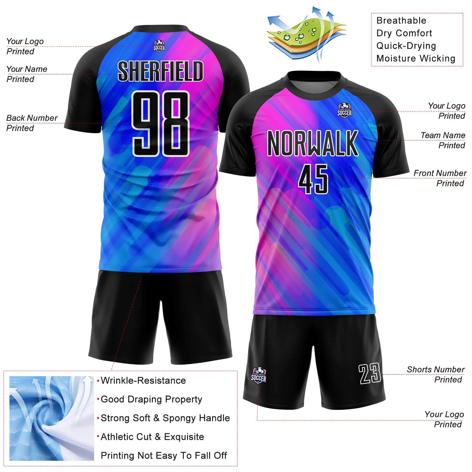 Personalized Royal Black-Pink Lines Sublimation Soccer Uniform Jersey Team Custom Name and Number Personalized Royal Black-Pink Lines Sublimation Soccer Uniform Jersey Team Custom Name and Number - Image 4