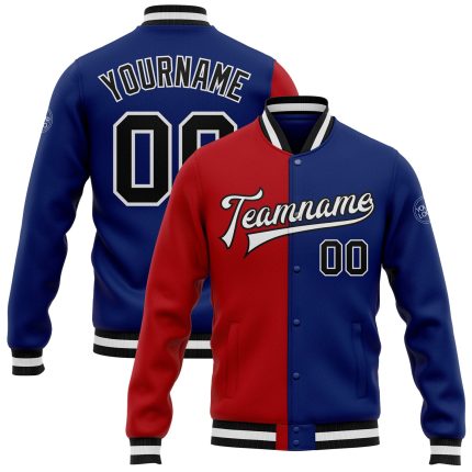 Personalized Royal Black-Red Bomber Full-Snap Varsity Letterman Split Fashion Jacket Team Custom Name and Number
