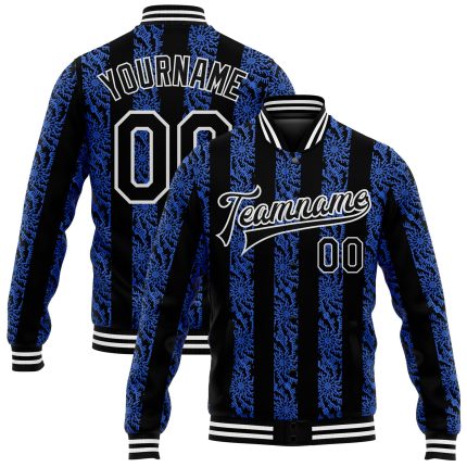 Personalized Royal Black-White 3D Pattern Design Bomber Full-Snap Varsity Letterman Jacket Team Custom Name and Number