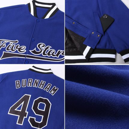 Personalized Royal Black-White Bomber Full-Snap Varsity Letterman Jacket Team Custom Name and Number