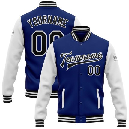 Personalized Royal Black-White Bomber Full-Snap Varsity Letterman Two Tone Jacket