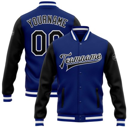 Personalized Royal Black-White Bomber Full-Snap Varsity Letterman Two Tone Jacket Team Custom Name and Number