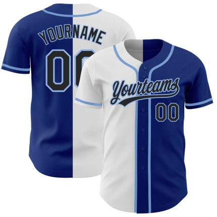 Personalized Royal Black White-Light Blue Authentic Split Fashion Baseball Jersey Team Custom Name and Number