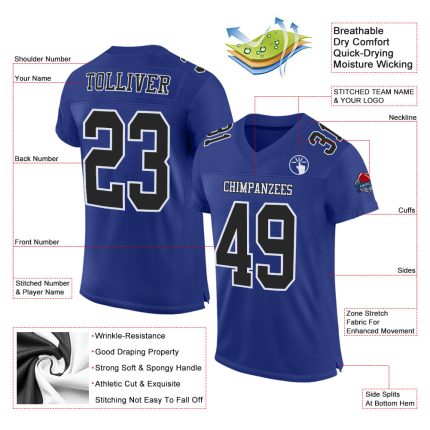 Personalized Royal Black-White Mesh Authentic Football Jersey Team Custom Name and Number