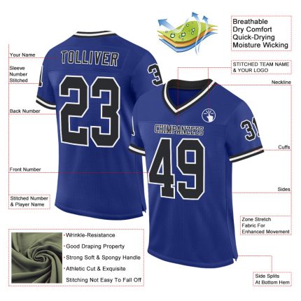 Personalized Royal Black-White Mesh Authentic Throwback Football Jersey Team Custom Name and Number