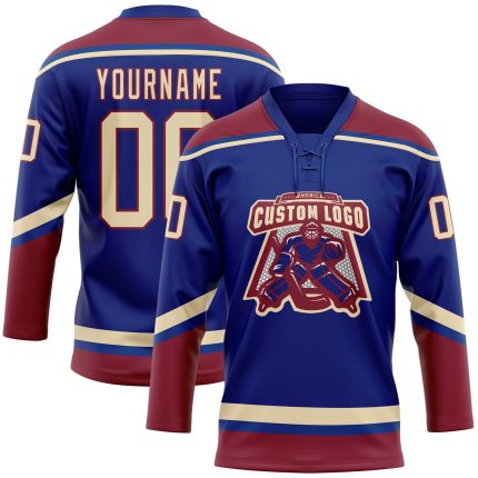 Personalized Royal City Cream-Crimson Hockey Lace Neck Jersey Team Custom Name and Number