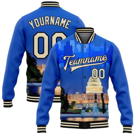 Personalized Royal Cream-Black Capitol Washington City Edition 3D Bomber Full-Snap Varsity Letterman Jacket Team Custom Name and Number