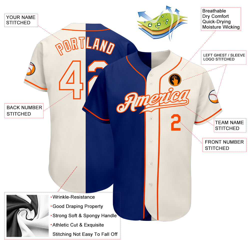 Personalized Royal Cream-Orange Authentic Split Fashion Baseball Jersey Team Custom Name and Number Personalized Royal Cream-Orange Authentic Split Fashion Baseball Jersey Team Custom Name and Number - Image 3