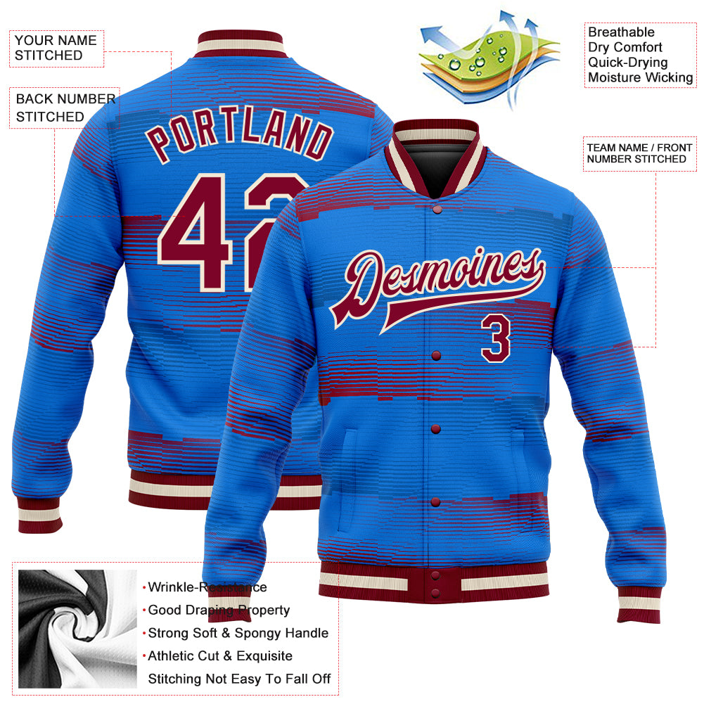 Personalized Royal Crimson-Cream 3D Pattern Design Bomber Full-Snap Varsity Letterman Jacket Team Custom Name and Number Personalized Royal Crimson-Cream 3D Pattern Design Bomber Full-Snap Varsity Letterman Jacket Team Custom Name and Number - Image 3