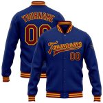 Personalized Royal Crimson-Gold Bomber Full-Snap Varsity Letterman Jacket Team Custom Name and Number