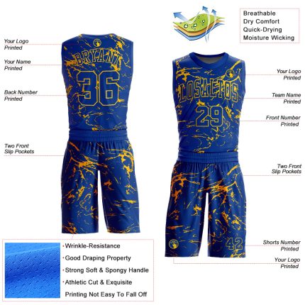 Personalized Royal Gold Abstract Grunge Art Round Neck Sublimation Basketball Suit Jersey Team Custom Name and Number