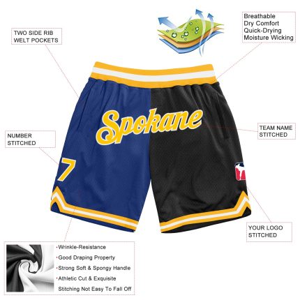 Personalized Royal Gold-Black Authentic Throwback Split Fashion Basketball Shorts Team Custom Name and Number