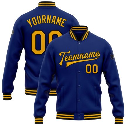 Personalized Royal Gold-Black Bomber Full-Snap Varsity Letterman Jacket