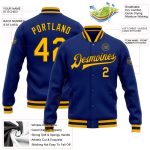 Personalized Royal Gold-Black Bomber Full-Snap Varsity Letterman Jacket Team Custom Name and Number