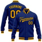 Personalized Royal Gold-Black Bomber Full-Snap Varsity Letterman Jacket Team Custom Name and Number
