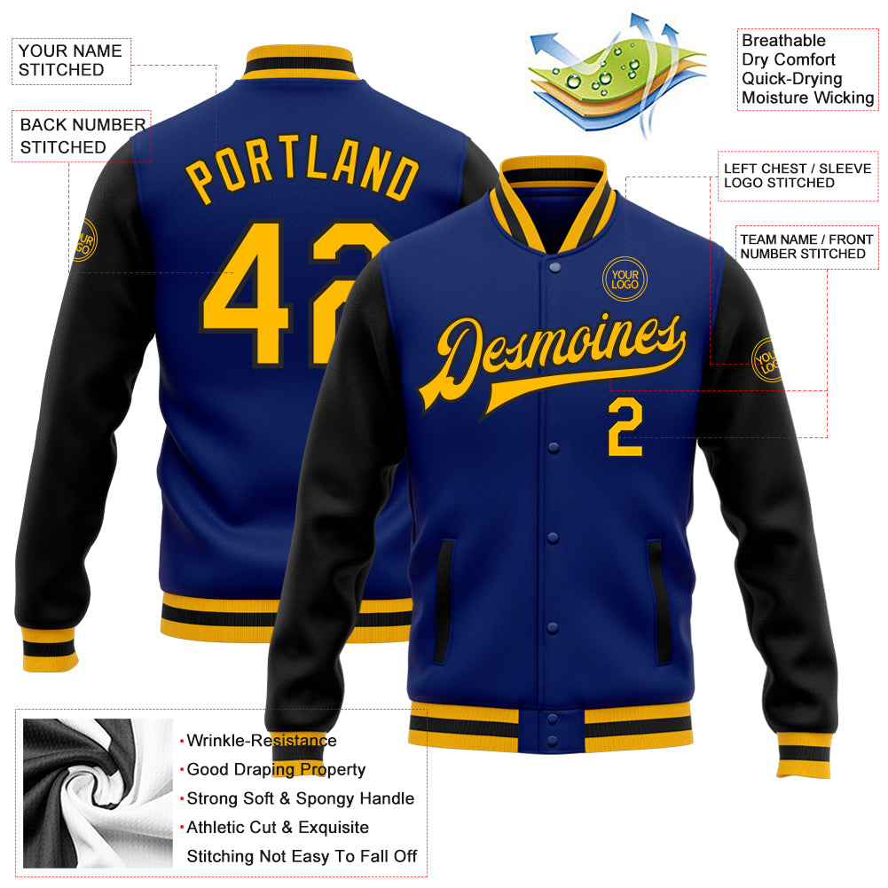 Personalized Royal Gold-Black Bomber Full-Snap Varsity Letterman Two Tone Jacket Team Custom Name and Number Personalized Royal Gold-Black Bomber Full-Snap Varsity Letterman Two Tone Jacket Team Custom Name and Number - Image 3