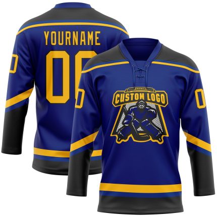 Personalized Royal Gold-Black Hockey Lace Neck Jersey Team Custom Name and Number