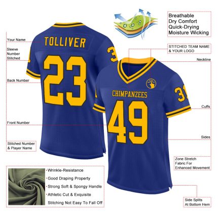 Personalized Royal Gold-Black Mesh Authentic Throwback Football Jersey Team Custom Name and Number