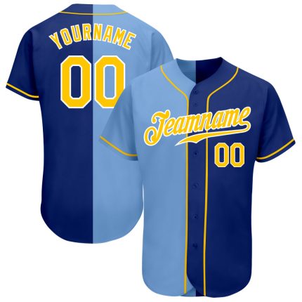 Personalized Royal Gold-Light Blue Authentic Split Fashion Baseball Jersey Team Custom Name and Number