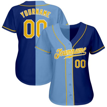 Personalized Royal Gold-Light Blue Authentic Split Fashion Baseball Jersey Team Custom Name and Number