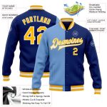 Personalized Royal Gold-Light Blue Bomber Full-Snap Varsity Letterman Split Fashion Jacket Team Custom Name and Number