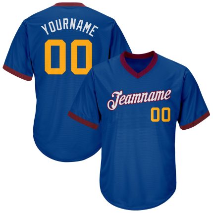 Personalized Royal Gold-Maroon Authentic Throwback Rib-Knit Baseball Jersey Shirt Team Custom Name and Number