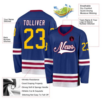 Personalized Royal Gold-Maroon Hockey Jersey Team Custom Name and Number