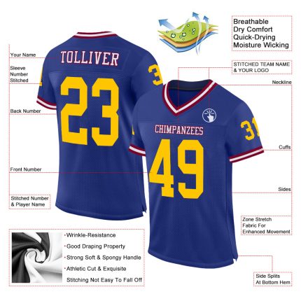 Personalized Royal Gold-Maroon Mesh Authentic Throwback Football Jersey Team Custom Name and Number